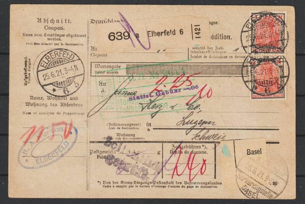 MiNr. 153, 150, 146 auf Paketkarte ELBERFELD 26.6.21, Firmenlochung H.A.N  (0867)