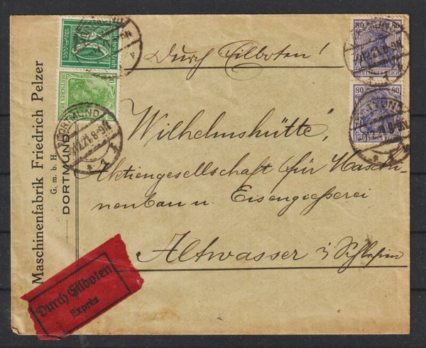 MiNr. 149, 143, 162 Eilboten Express Brief "Maschinenfabrik F. Pelzer" DORTMUND 9.12.21  (0868)