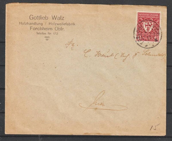 MiNr. 199 auf Brief "Gottlieb Walz Holzhandlung" FORCHHEIM 19.APR.22  (0868)
