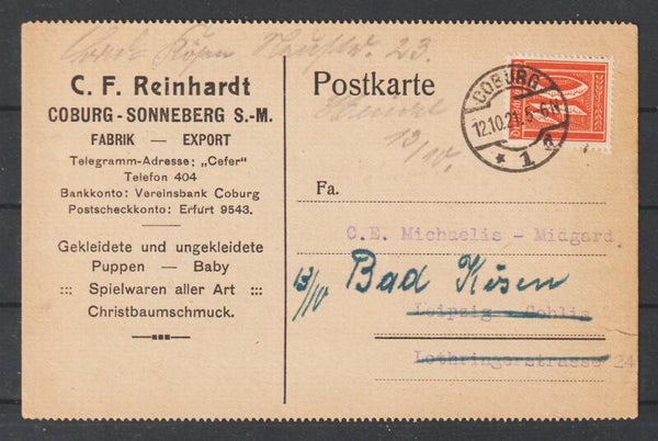 MiNr. 163 gez. Postkarte "C.F.Reinhard" COBURG 12.10.21 (0870)