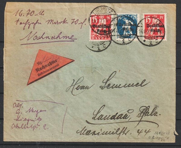 MiNr. 121 (2x), 128 auf Nachnahme-Brief  LIEGNITZ 14.11.21, Vignette  (0871)