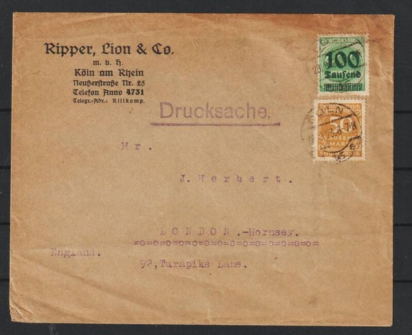 MiNr. 275, 290 Drucksache "Ripper, Lion & Co m.b.H." CÖLN  28.9.23  (0873)