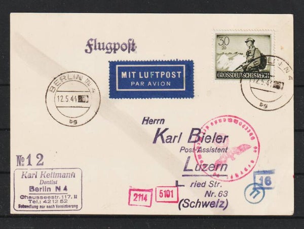 MiNr. 885 EF Luftpost Auslands Postkarte vom 12.5.44 (0873)