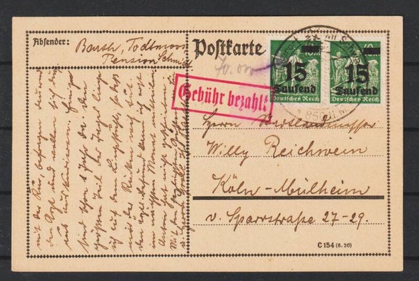 MiNr. 279 (2x) auf Postkarte BONNDORF 24.9.23, roter "Gebühr bezahlt"   (0881)
