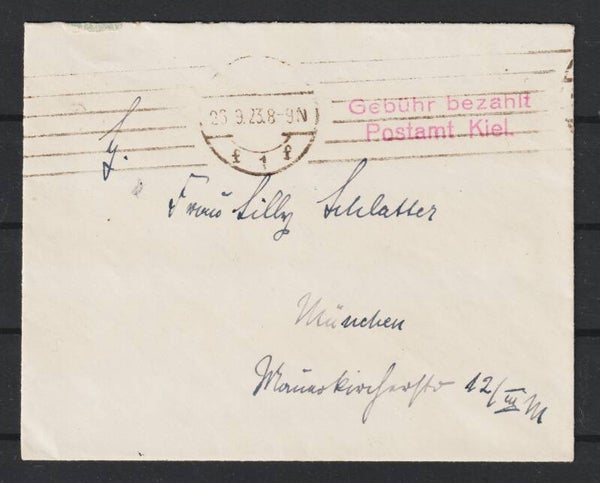"Gebühr bezahlt, Postamt KIEL" 26.9.23  (0881)