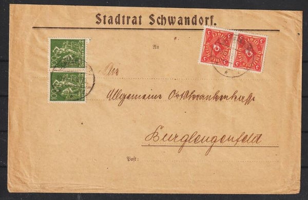 MiNr. 187, 192 auf Brief  "Stadtrat"  SCHWANDORF 10.10.22  (0885)