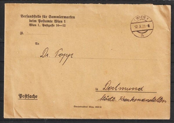 portofreie Postsache "Versandstelle für Sammlermarken" WIEN 12.10.38   (0885)