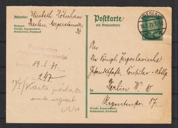 Ganzsache P 197 F  BRESLAU  16.1.31  (0888)