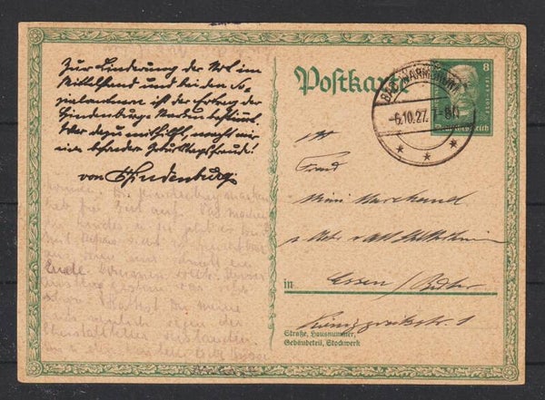 Ganzsache P 207  BAD WARMBRUNN 6.10.27 (0888)