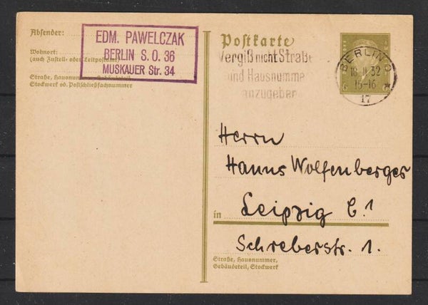 Ganzsache P 199   BERLIN  18.11.32  (0890)