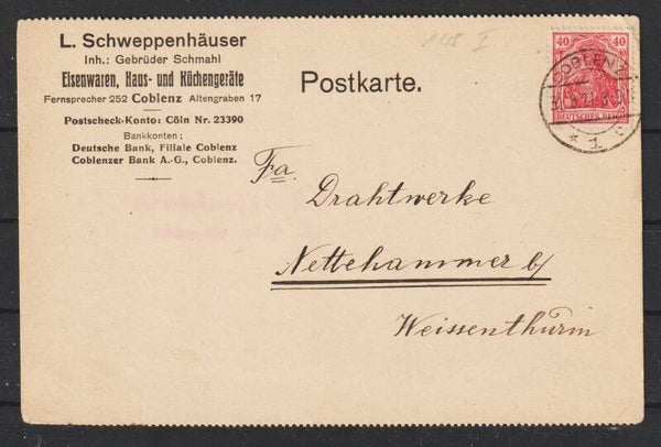 MiNr. 145 I auf Postkarte COBLENZ 31.8.21   (0893)