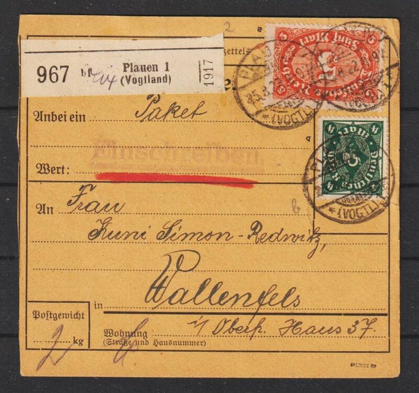 MiNr. 226 b, 194 auf Paketkarte PLAUEN 25.8.22, geprüft  (0893)