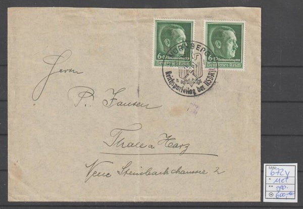MiNr. 672 y MeF auf Brief NÜRNBERG 7.9.38, geprüft Schlegel BPP (0898)
