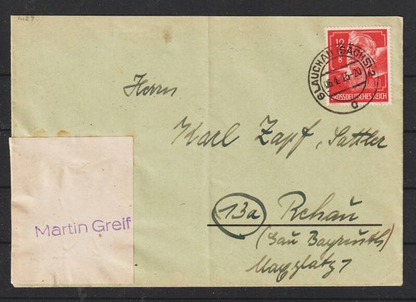 MiNr. 895 auf Brief GLAUCHAU (SACHS) 6.4.45  (0899)