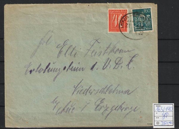 MiNr. 190, 163 Brief Bahnpoststempel 14.6.22, geprüft  (0906)