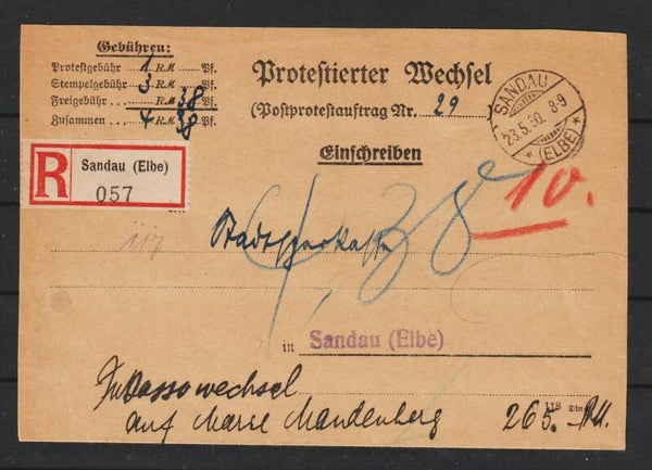 Orts R-Brief "Protestierter Wechsel" SANDAU (Elbe)  (0912)