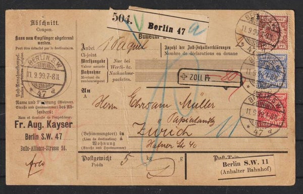 MiNr. 47, 48, 50 Dreifarben Frankatur Paketkarte BERLIN - ZÜRICH     (0918)