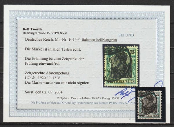 MiNr. 104 d (bF) Foto-Befund Tworek BPP  echt, einwandfrei