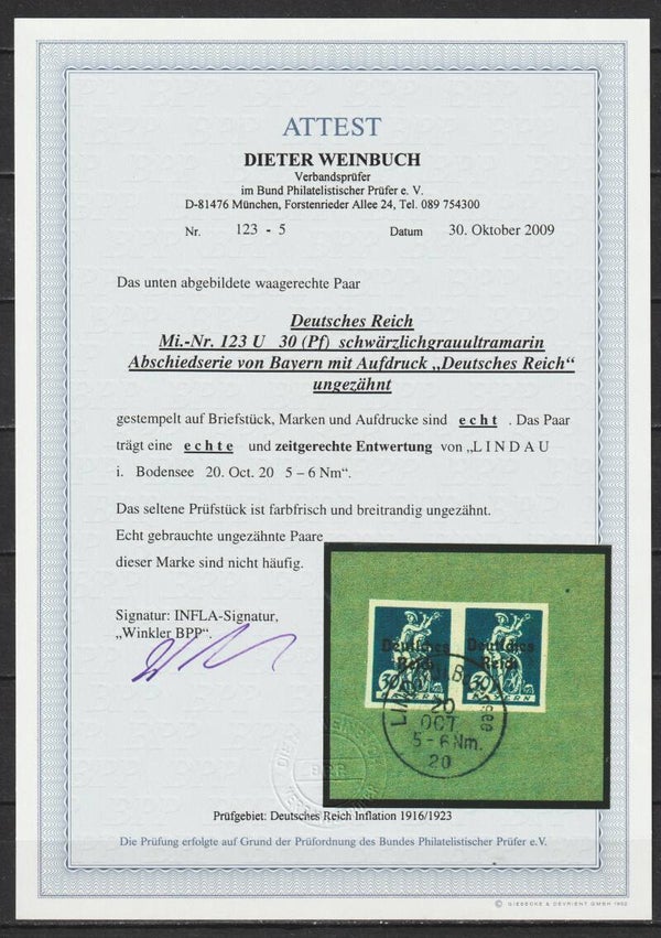 MiNr 123 U Attest Weinbuch BPP, echt + einwandfrei, sehr selten