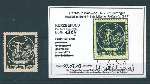 MiNr. 138 Plattenfehler V, Befund Winkler BPP  ECHT und EINWANDFREI