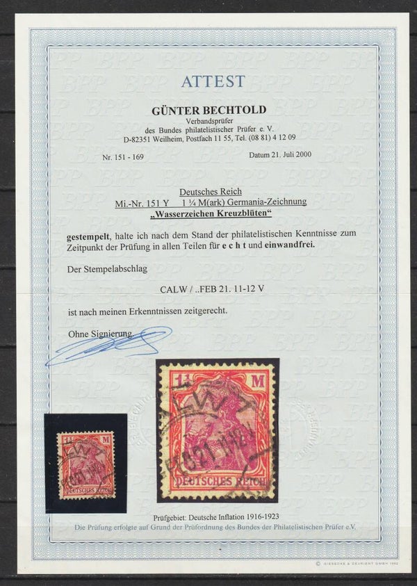 MiNr. 151 Y gestempelt, Attest Bechtold BPP, echt + einwandfrei
