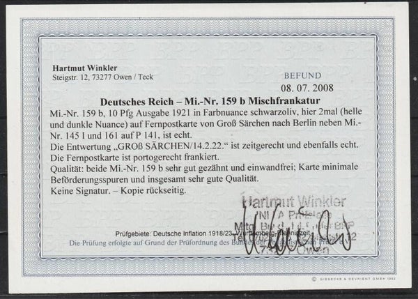MiNr. 159 b auf Fernpostkarte Befund Winkler BPP, sehr gut gezähnt, einwandfrei