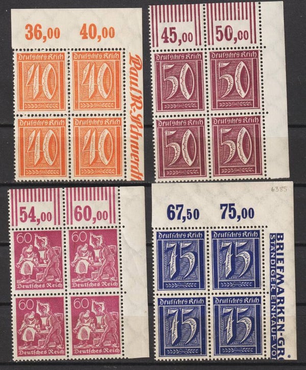 MiNr. 182, 183, 184 + 185 postfrische Oberrand Bogenecken