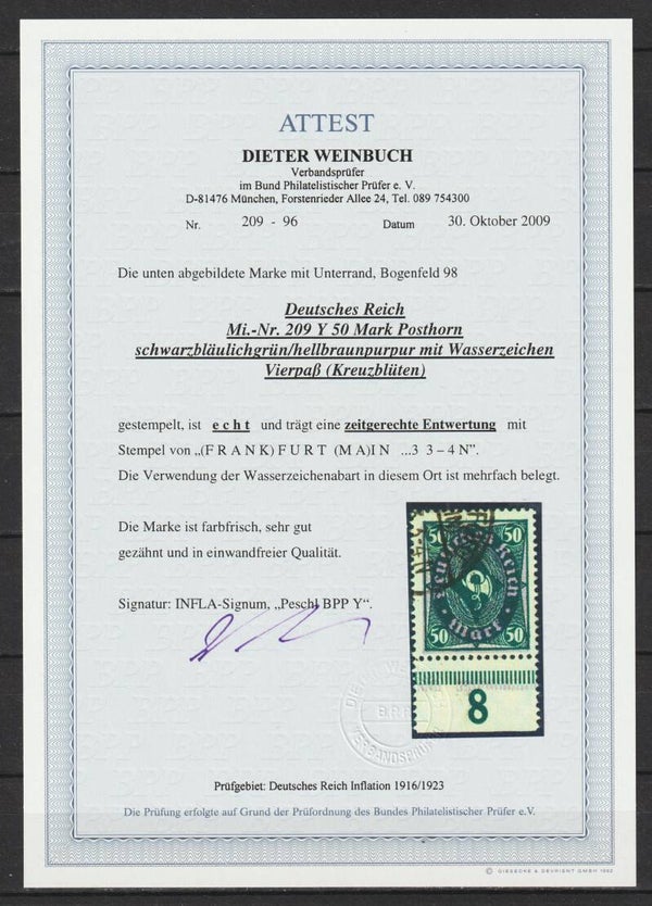 MiNr 209 Attest Weinbuch BPP, echt + einwandfrei