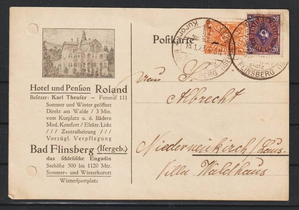 MiNr. 207, 227 auf Postkarte "Hotel und Pension ROLAND"  BAD FLINSBERG  18.1.23  (s24024)