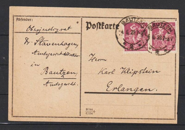 MiNr. 241 (2x) auf Postkarte BAUTZEN 4.6.23  (s24024)
