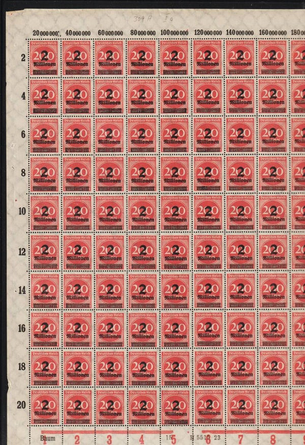 MiNr. 309 postfrischer ** Bogen, Platte 15-3, Druckerzeichen: Baum IIIb + T