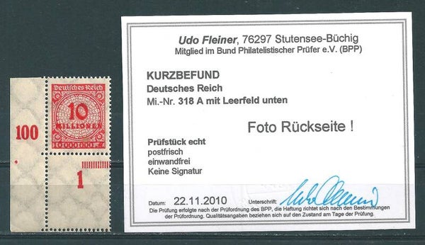 MiNr. 318 LF postfrisch ** Bogenecke   Befund Fleiner BPP