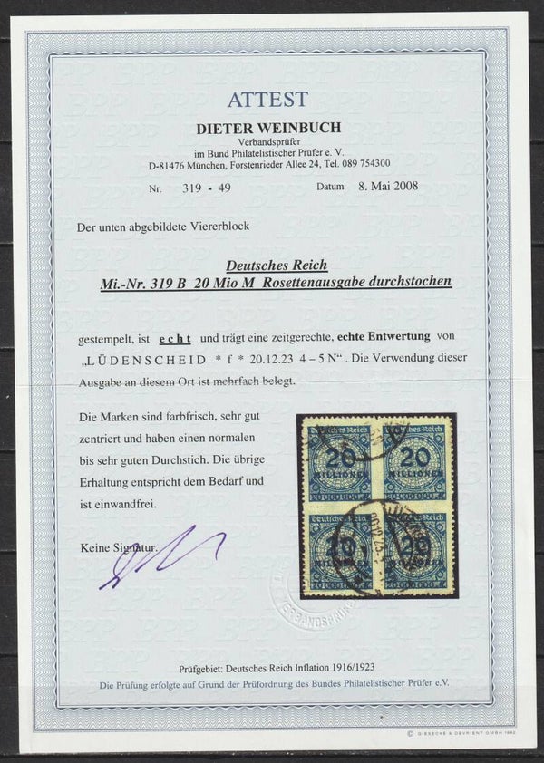 MiNr 319B Attest Weinbuch BPP, echt + einwandfrei