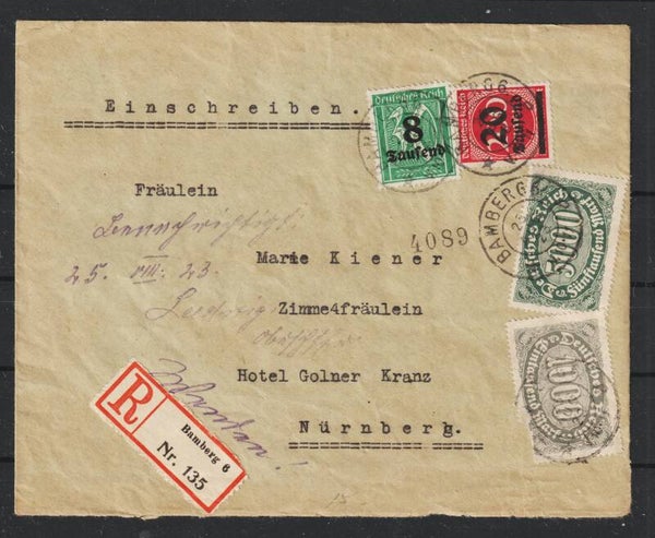portoger. R-Brief von Bamberg nach Nürnberg am 25.AUG.23   (s23143)