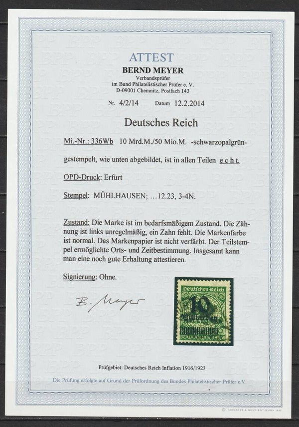 MiNr. 336 Wb Attest Meyer BPP echt, gute Erhaltung