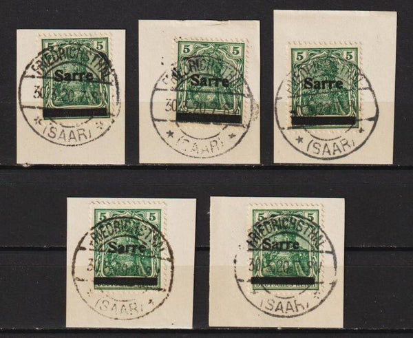 5 mal Saar MiNr. 4 Briefstücke mit Vollstempel