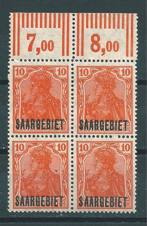 Saar MiNr. 45 postfrisch ** Oberrand Viererblock, Aufdruck Abklatsch