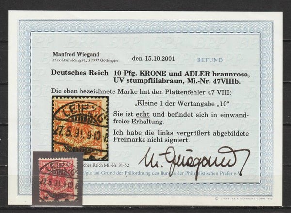 MiNr. 47 Plattenfehler VIII,  Foto-Befund Wiegand BPP