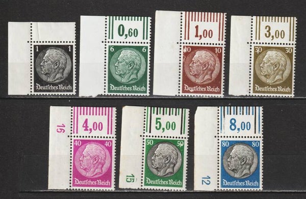 MiNr. 512, 516, 518, 523, 524, 525, 527 * Oberrand Bogenecken, Formnummer 16, 15, 12