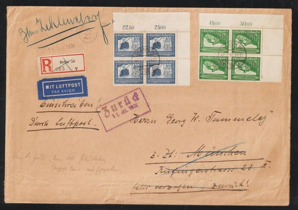 MiNr. 669, 670 Bogenecken auf Luftpost Brief BERLIN 8.7.38