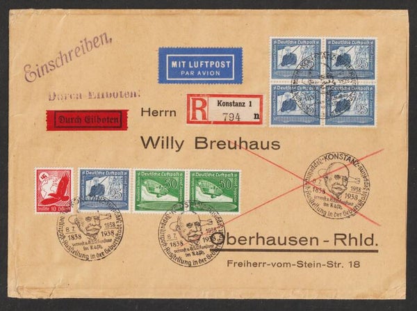 MiNr. 669, 670  auf Eilboten Luftpost R-Brief KONSTANZ  8.7.38