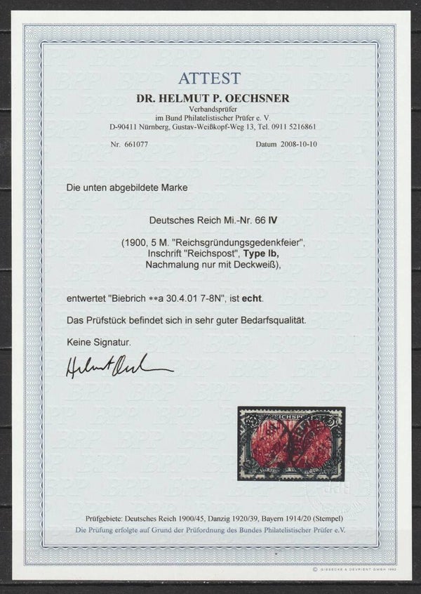 MiNr. 66 IV gestempelt, Attest Oechsner BPP