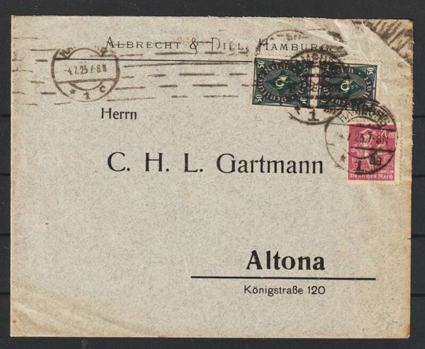 MiNr. 209 (2x) 241 auf Orts-Brief  HAMBURG 4.7.23  (0768)