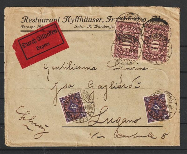MiNr. 219 (2x), 208 (2x) auf Eilboten Brief FRANKFURT 4.1.23  (0705)