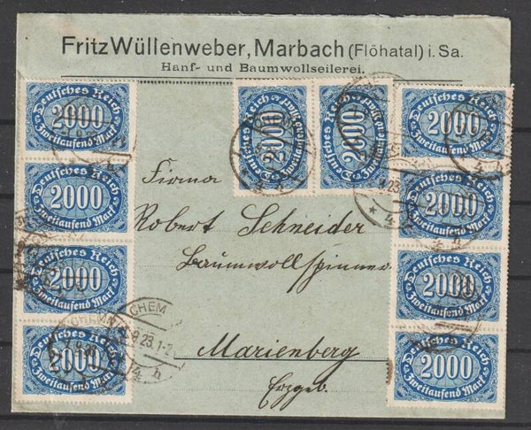 MiNr. 253 (10x), auf Brief "Fritz Wüllenweber, Marbach" CHEMNITZ 1.9.23  (0788)