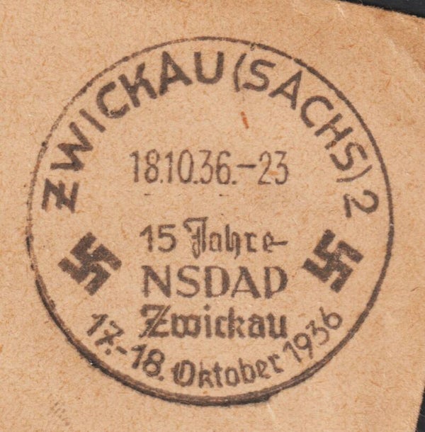 Propaganda Sonderstempel "15 Jahre NSDAP Zwickau" auf Beleg  (0761)