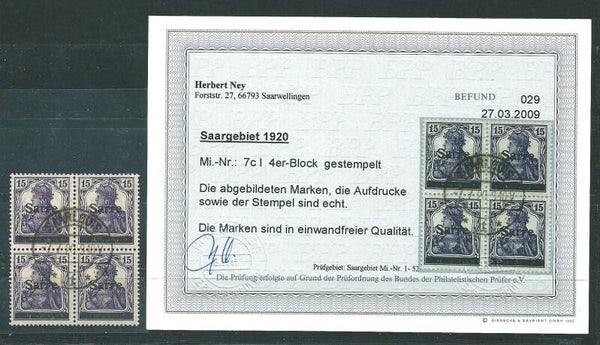 Saar MiNr. 7 c I Viererblock, Foto-Befund Ney BPP (sab55)