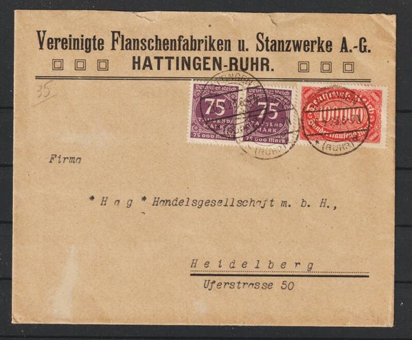 MiNr. 276 (2x), 257 portogerecht, HATTINGEN 26.9.23  (815)