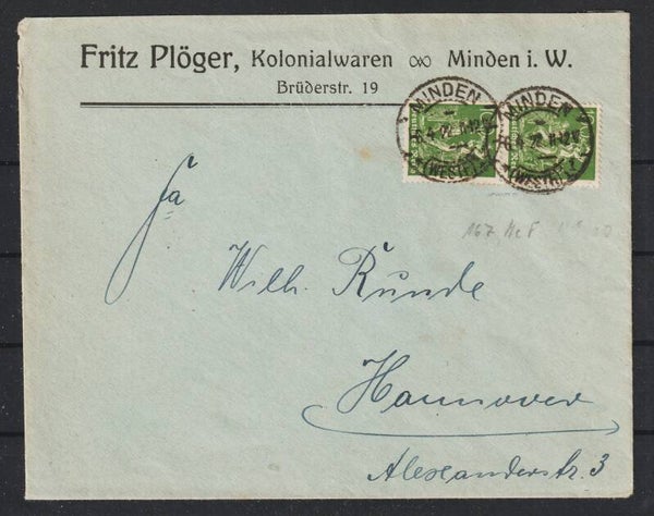 MiNr. 167 (2x) auf portogerechten Brief vom 6.4.22    (825)