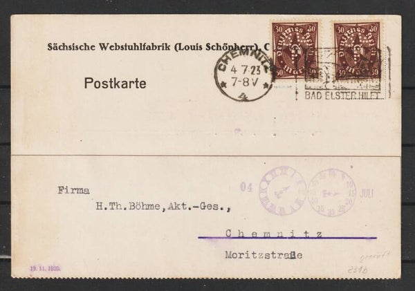 MiNr. 231 b MeF auf Postkarte  CHEMNITZ 4.7.23,  Perfins SWF, geprüft    (841)